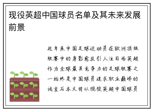 现役英超中国球员名单及其未来发展前景